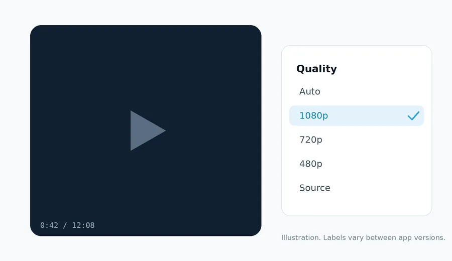 Telegram video player quality menu with Auto, 1080p, 720p, 480p and Source options