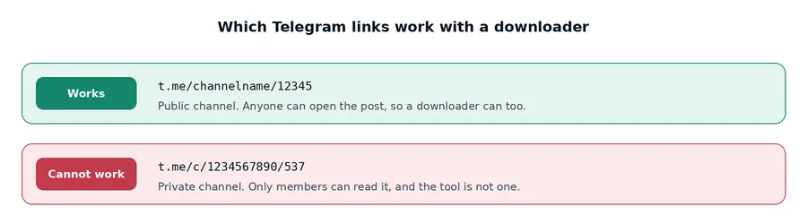 A public t.me link works with a downloader, a private t.me/c/ link does not